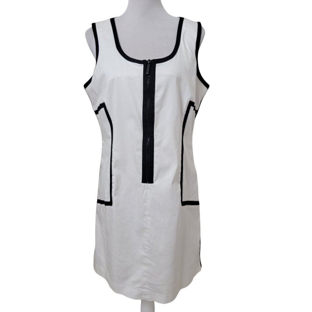 Michael Michael Kors Size 12 White w/Black Detail Sleeveless Front Zip Dress